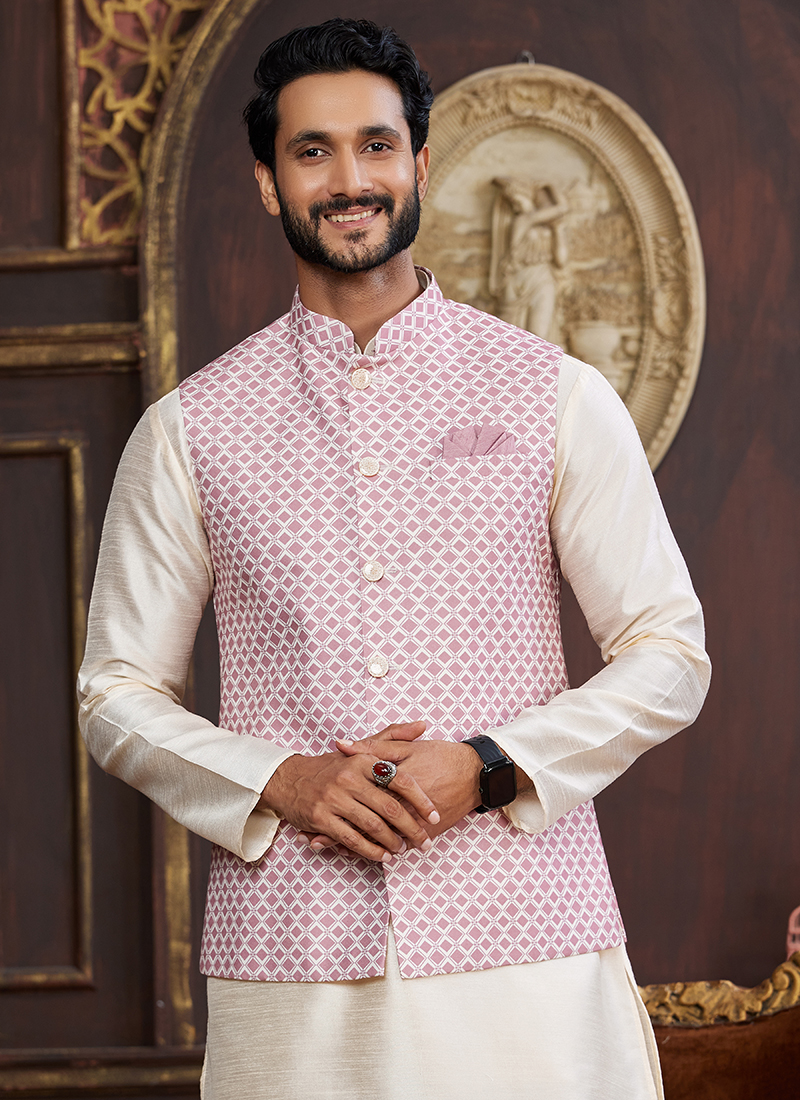 Buy Thulian Pink Banarasi Silk Digital Print Wedding Wear Radymade Modi Jacket Kurta Pajama Online From Surat Wholesale Shop